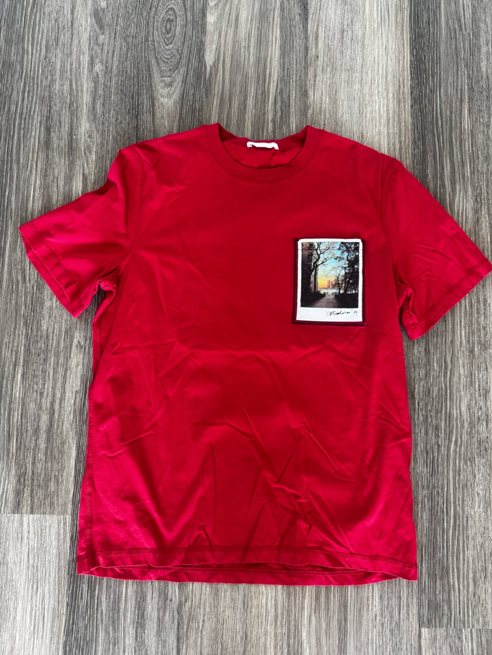 Helmut Lang Red Short Sleeve Tee with Photo Pocket Patch